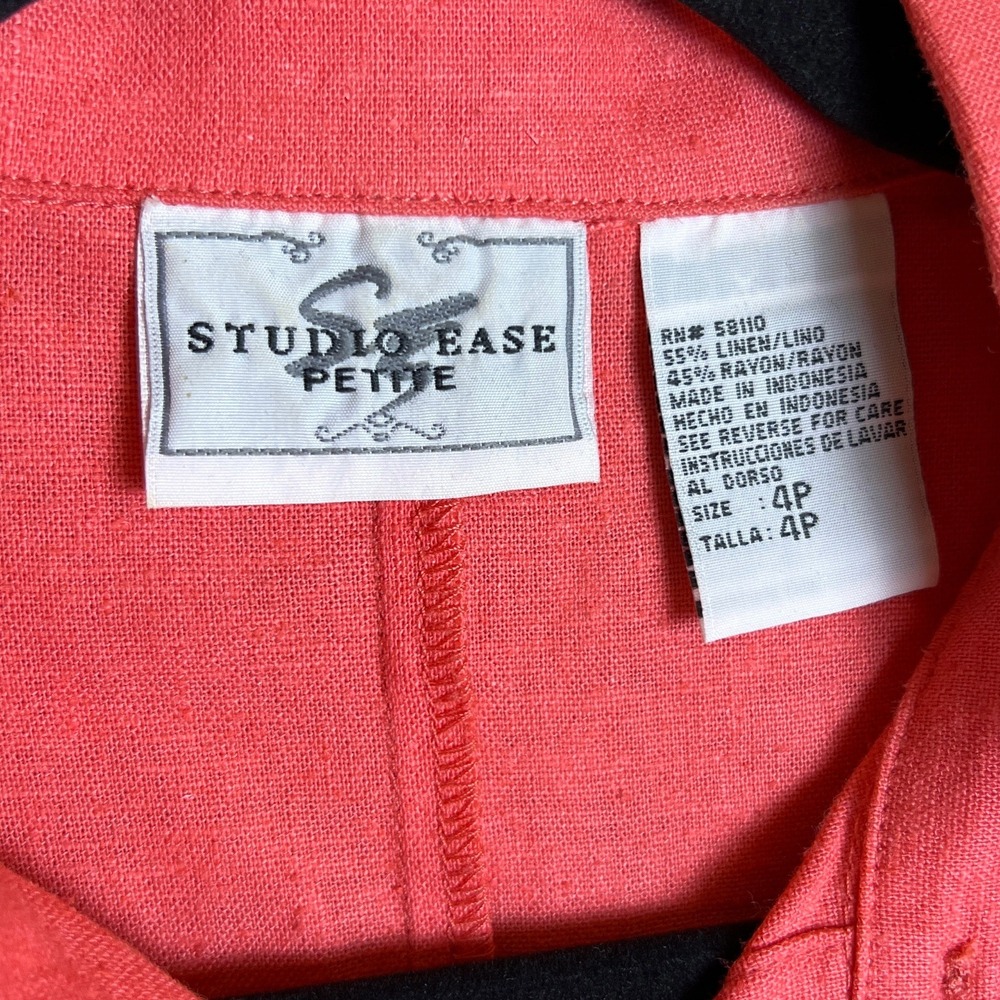 90s Studio Ease Petite Coral Linen Blouse Women's Size 4P Cottagecore Boho - Picture 3 of 4
